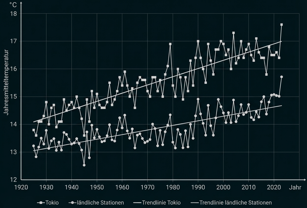 Diagramm: Jahresmitteltemperaturen 1920–2025 für Tokio (schwarz) und ländliche Stationen (grau) mit Trendlinien